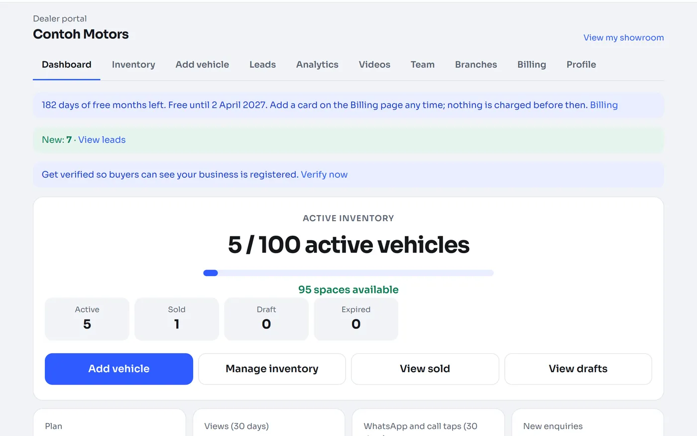 The AutoGetz dealer dashboard: free months left, cars on sale, views and new enquiries