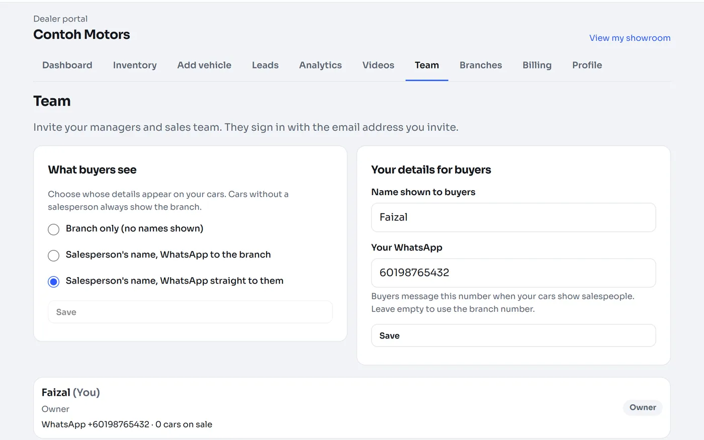 Team settings: choose what buyers see, and each salesperson's name and WhatsApp